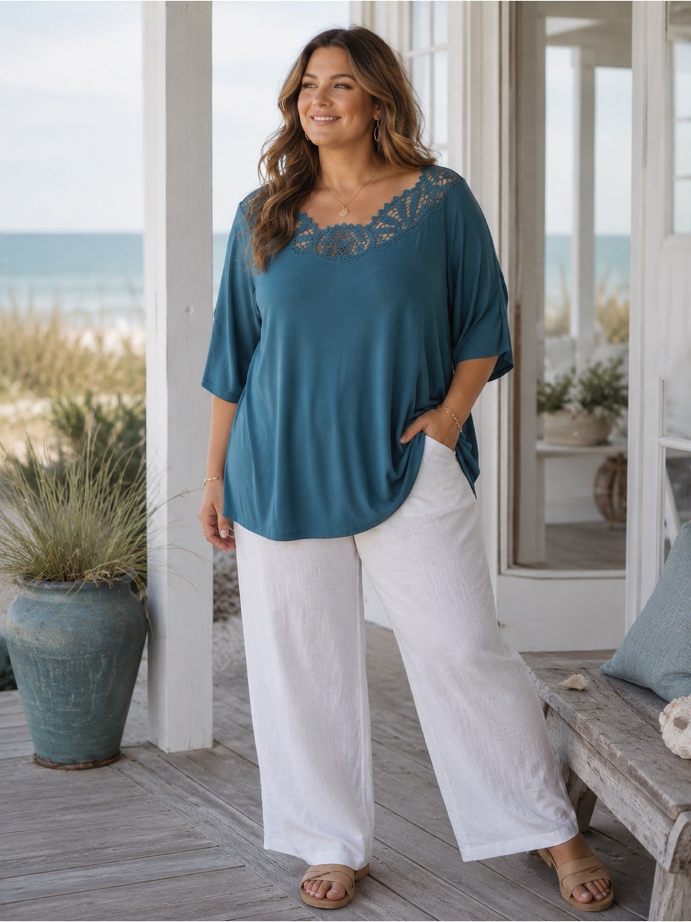 Soft Surroundings Size 1X Teal Lace Trim Women's 3/4 Sleeve Jersey Knit Top